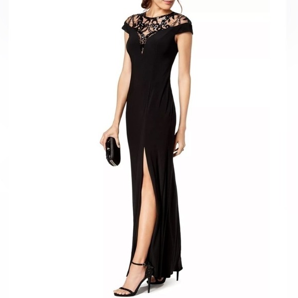 Adrianna Papell Black Sequin ILLUSION PLUNGE Lace MAXI Gown Dress WOMEN 4 - Picture 15 of 16
